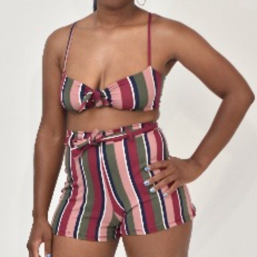 Wine Striped Bra and Matching Shorts 2pc Set